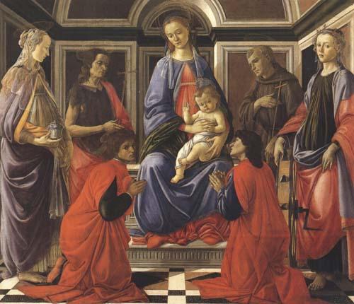 Sandro Botticelli Madonna enthroned with Child and Saints (Mary Magdalene,John the Baptist,Cosmas and Damien,Sts Francis and Catherine of Alexandria) China oil painting art